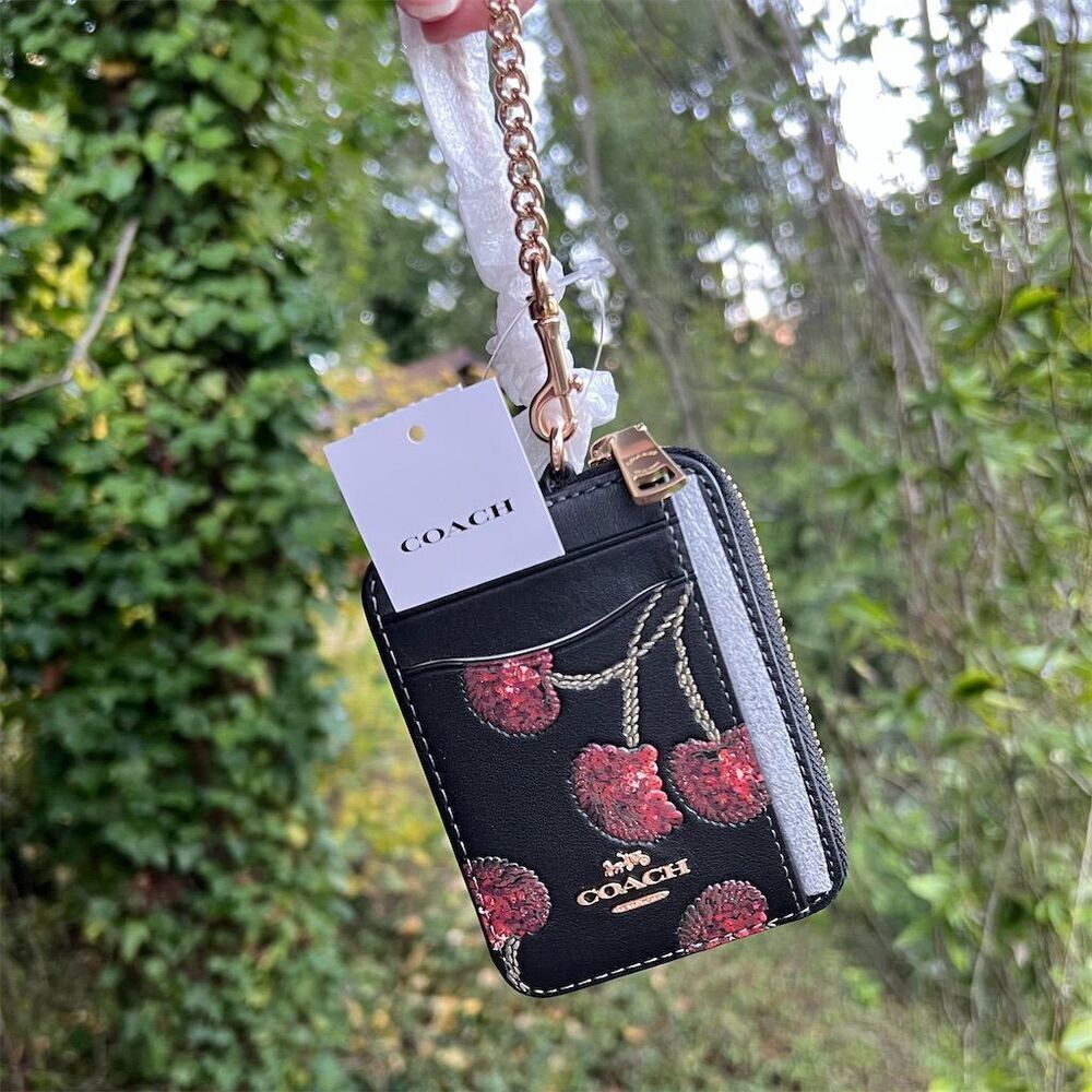 COACH Women's Leather Zip Card Case Wallet Black w Red Cherry Print Gold Hardwar